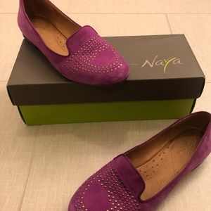 Naya purple suede loafers w gold grommets